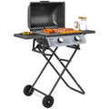Portable gas barbecue, 2 burners 5.6 kW, camping gas barbecue with side shelves, thermometer and wheels, black
