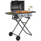 Portable gas barbecue, 2 burners 5.6 kW, camping gas barbecue with side shelves, thermometer and wheels, black