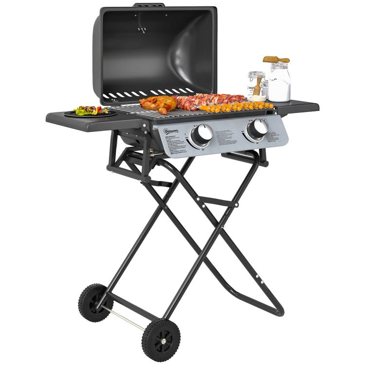Portable gas barbecue, 2 burners 5.6 kW, camping gas barbecue with side shelves, thermometer and wheels, black