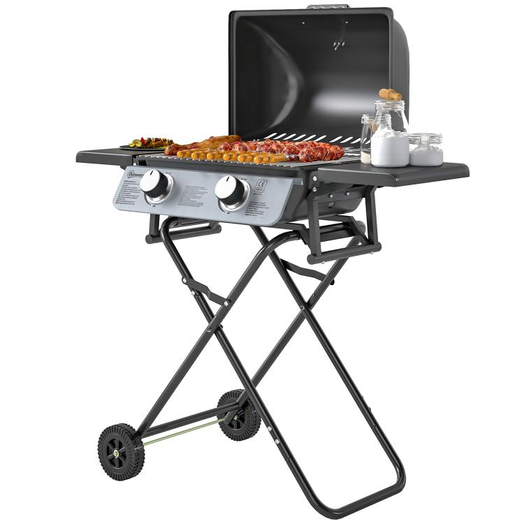 Portable gas barbecue, 2 burners 5.6 kW, camping gas barbecue with side shelves, thermometer and wheels, black
