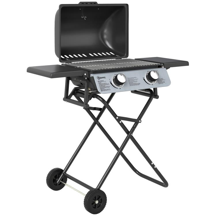 Portable gas barbecue, 2 burners 5.6 kW, camping gas barbecue with side shelves, thermometer and wheels, black