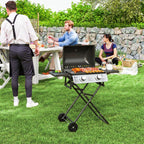 Portable gas barbecue, 2 burners 5.6 kW, camping gas barbecue with side shelves, thermometer and wheels, black