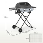 Portable gas barbecue, 2 burners 5.6 kW, camping gas barbecue with side shelves, thermometer and wheels, black