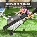 Portable gas barbecue, 2 burners 5.6 kW, camping gas barbecue with side shelves, thermometer and wheels, black