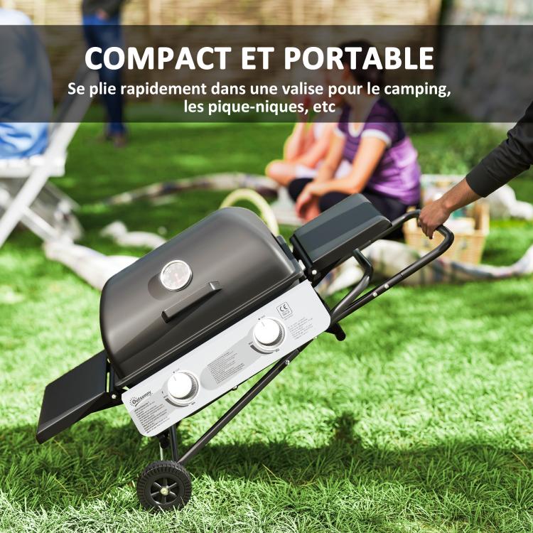 Portable gas barbecue, 2 burners 5.6 kW, camping gas barbecue with side shelves, thermometer and wheels, black
