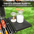 Portable gas barbecue, 2 burners 5.6 kW, camping gas barbecue with side shelves, thermometer and wheels, black