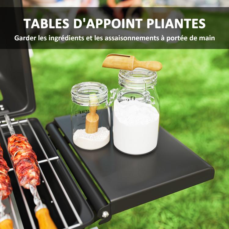 Portable gas barbecue, 2 burners 5.6 kW, camping gas barbecue with side shelves, thermometer and wheels, black