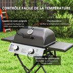 Portable gas barbecue, 2 burners 5.6 kW, camping gas barbecue with side shelves, thermometer and wheels, black