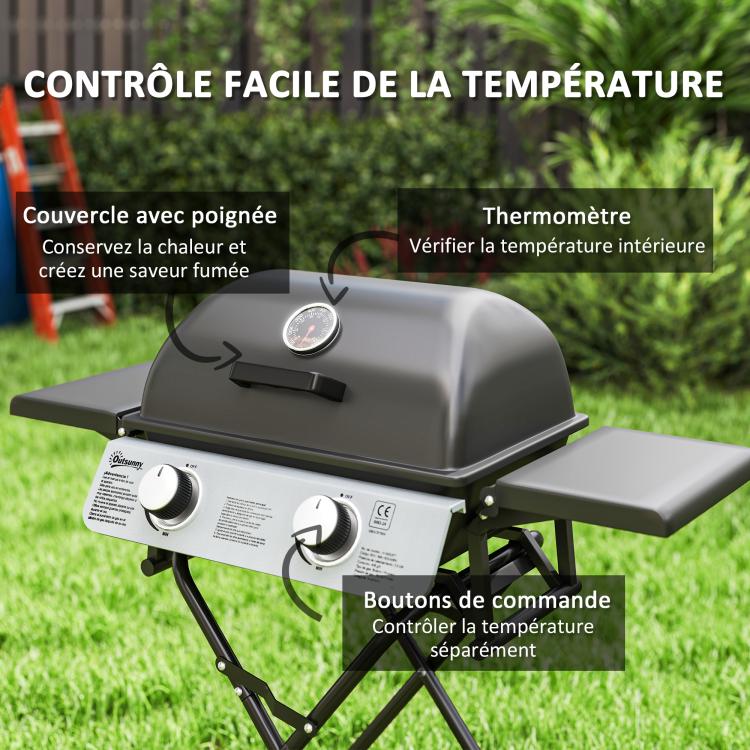 Portable gas barbecue, 2 burners 5.6 kW, camping gas barbecue with side shelves, thermometer and wheels, black