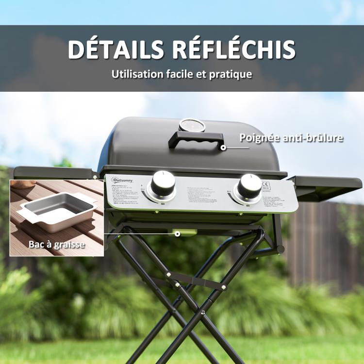 Portable gas barbecue, 2 burners 5.6 kW, camping gas barbecue with side shelves, thermometer and wheels, black
