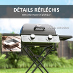 Portable gas barbecue, 2 burners 5.6 kW, camping gas barbecue with side shelves, thermometer and wheels, black