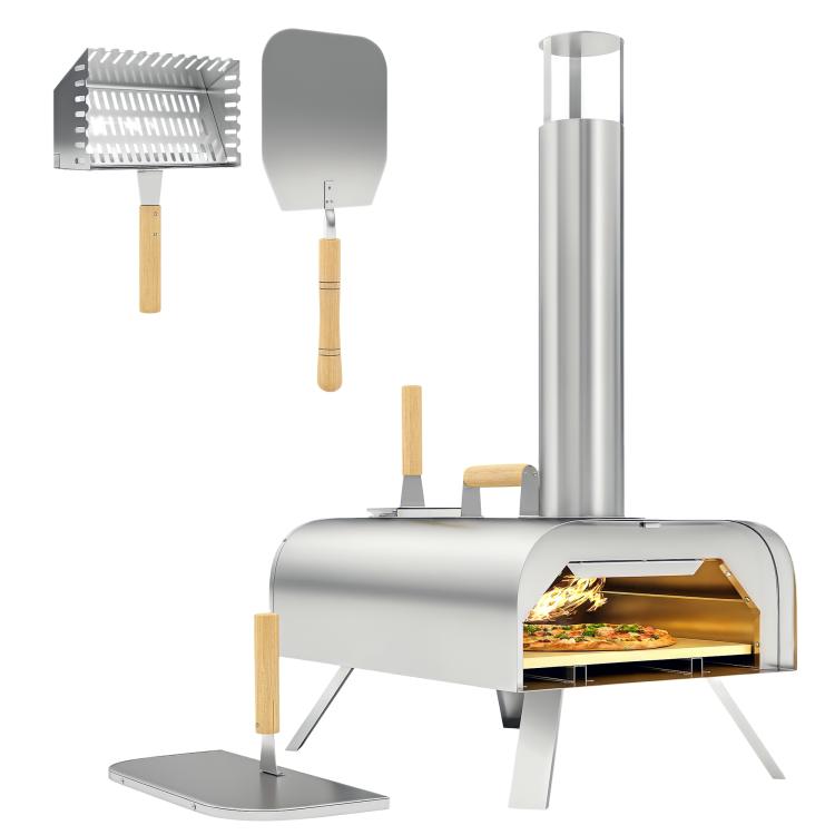 Portable outdoor wood or pellet pizza oven with pizza stone, folding legs, and silver stainless steel chimney.