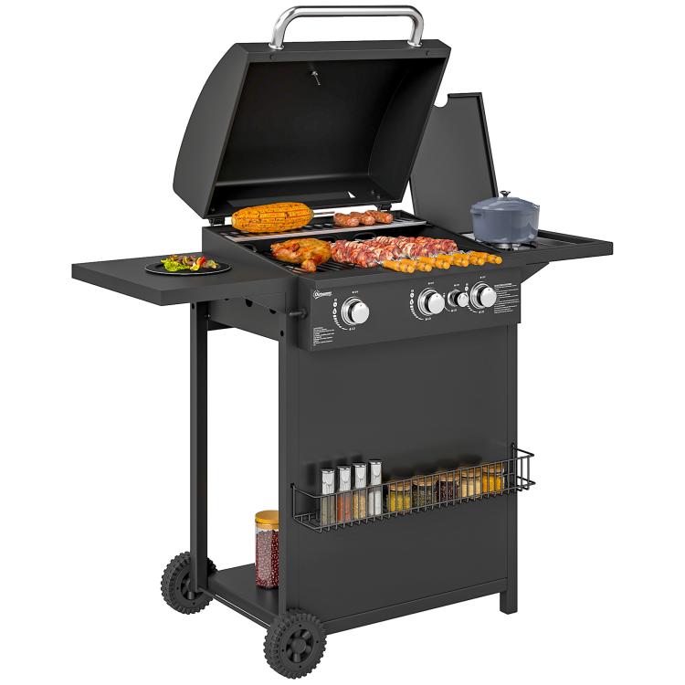 3+1 burner gas barbecue in steel, 9.5 kW power, garden barbecue with 2 grills, side shelves, 2 wheels, black