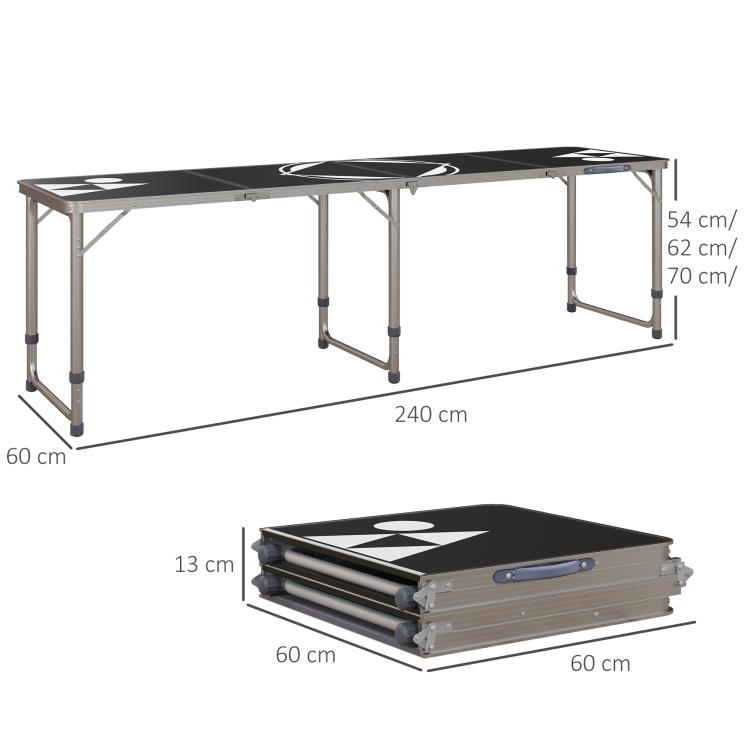 Folding camping table, lightweight, height-adjustable, aluminum frame, 240 x 60 x 54/62/70 cm, black