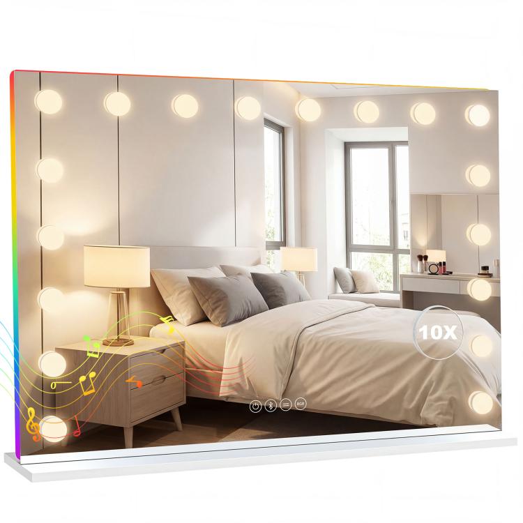 Hollywood makeup mirror with 18 dimmable LED lights, 3 colors, RGB light, Bluetooth speaker, 10x magnification, white