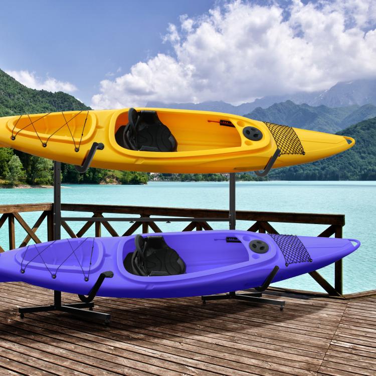 Rack for 2 kayaks, surfboards, or stand-up paddleboards; metal frame; width-adjustable (144–180 cm).