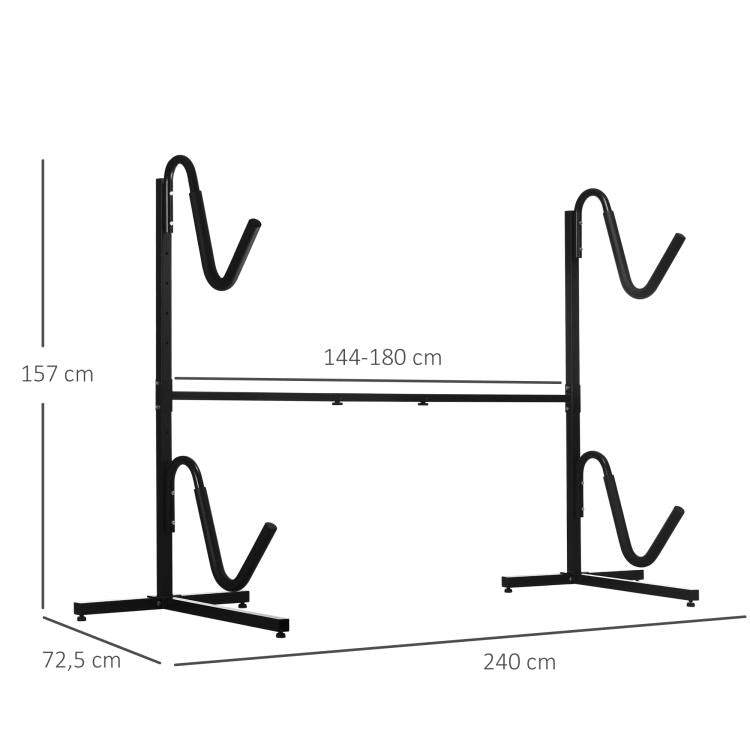 Rack for 2 kayaks, surfboards, or stand-up paddleboards; metal frame; width-adjustable (144–180 cm).