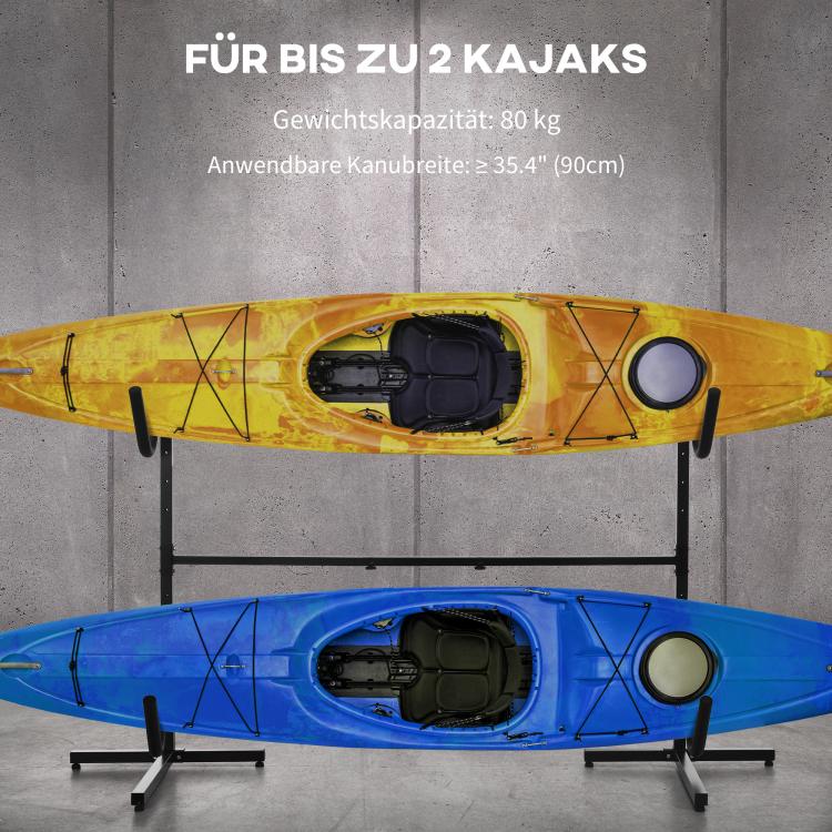 Rack for 2 kayaks, surfboards, or stand-up paddleboards; metal frame; width-adjustable (144–180 cm).