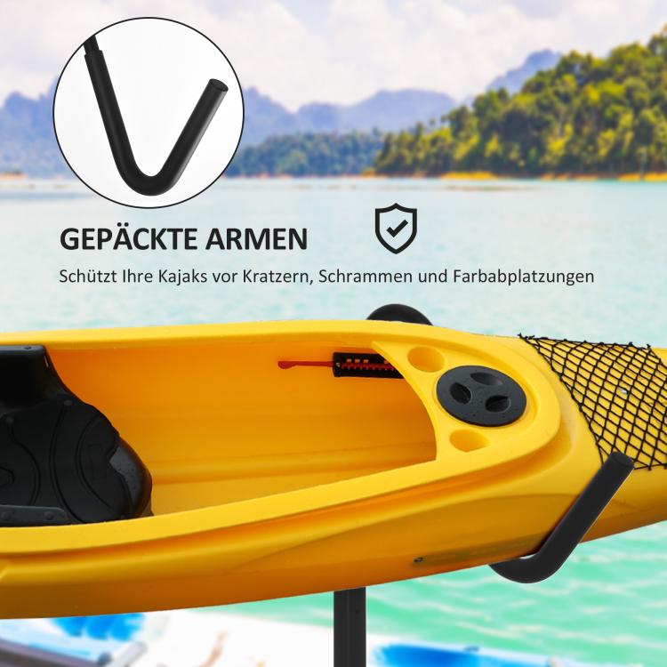 Rack for 2 kayaks, surfboards, or stand-up paddleboards; metal frame; width-adjustable (144–180 cm).