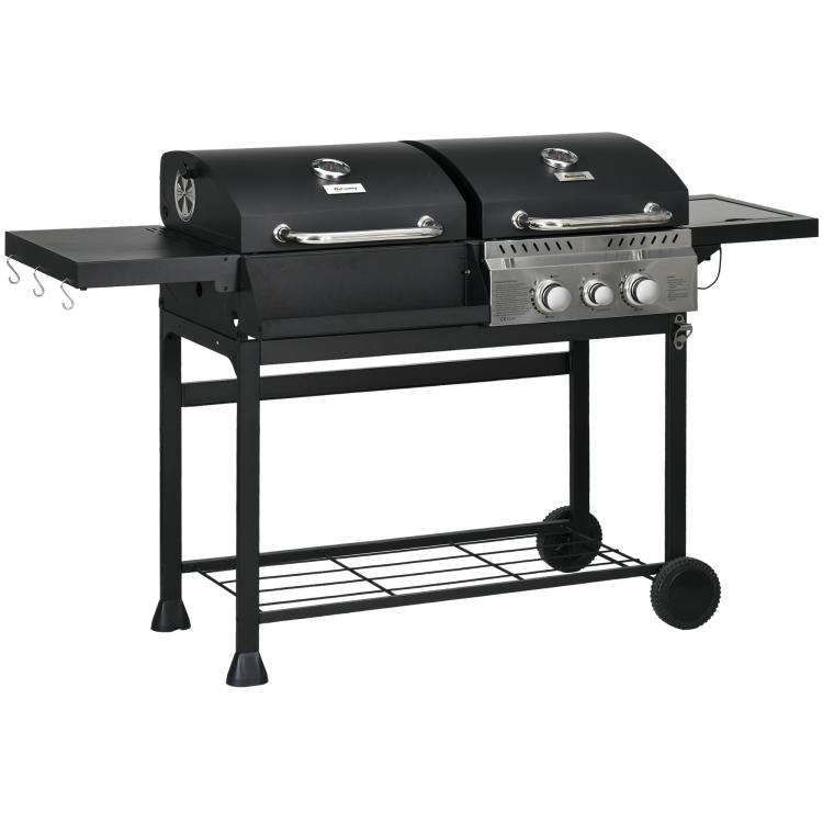 Gas BBQ Grill with Thermometer and Warming Plates, 161 x 54 x 103cm, Black Silver
