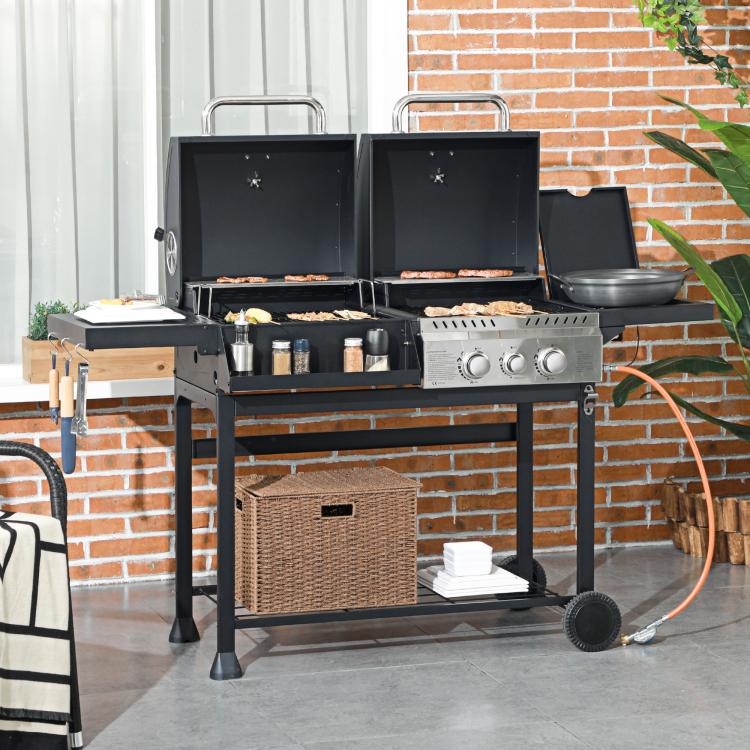 Gas BBQ Grill with Thermometer and Warming Plates, 161 x 54 x 103cm, Black Silver