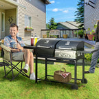 Gas BBQ Grill with Thermometer and Warming Plates, 161 x 54 x 103cm, Black Silver
