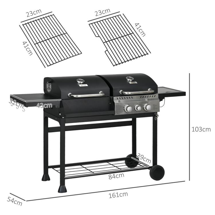Gas BBQ Grill with Thermometer and Warming Plates, 161 x 54 x 103cm, Black Silver