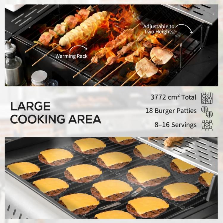 Gas BBQ Grill with Thermometer and Warming Plates, 161 x 54 x 103cm, Black Silver