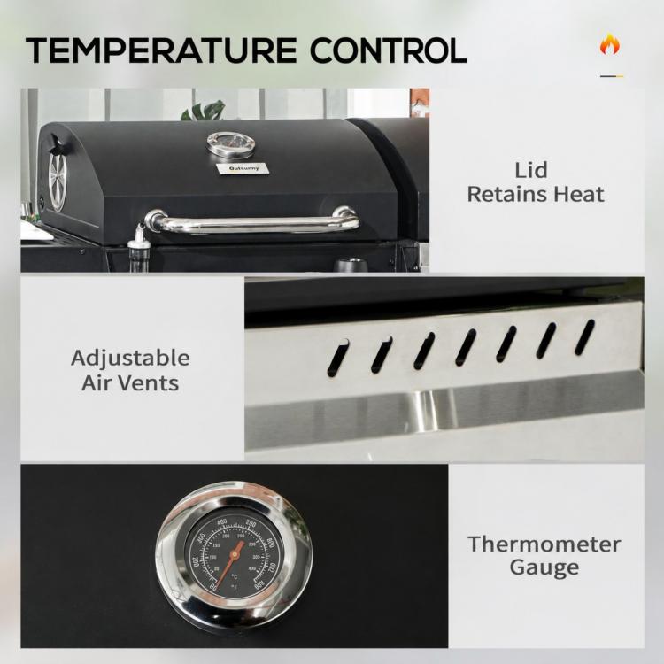 Gas BBQ Grill with Thermometer and Warming Plates, 161 x 54 x 103cm, Black Silver