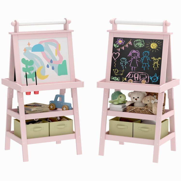3-in-1 Children's Easel, Double-Sided Painting Easel for Kids with Paper Roll and Baskets, Pale Pink