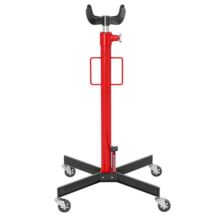 Hydraulic under-hoist jack, 500 kg lifting capacity, with swivel wheels and foot pedal, steel, 58 x 58 x 110–191.5 cm, red
