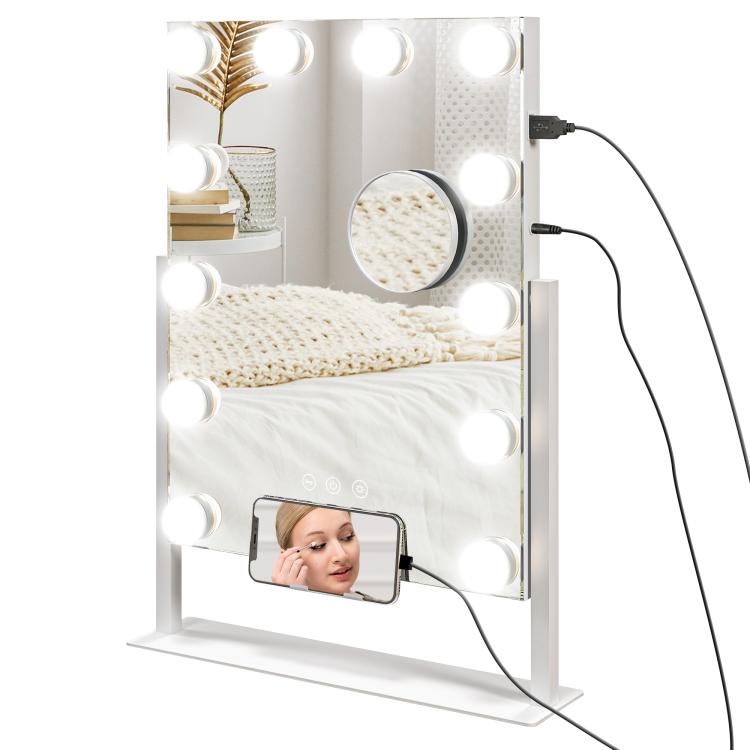 Hollywood mirror with 12 LED bulbs, adjustable brightness, 360 Degrees rotation, 10x magnification, touch control, white