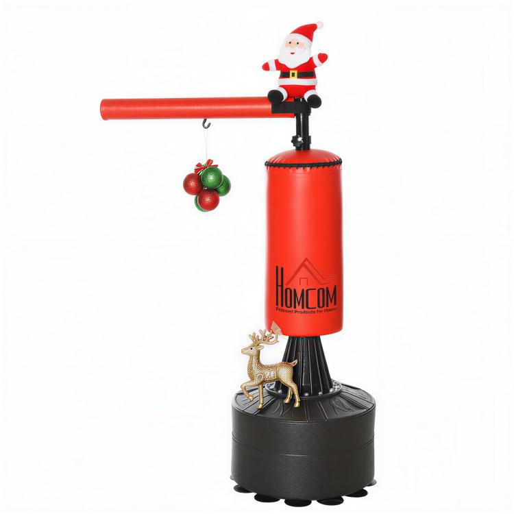 3-in-1 freestanding punching bag set with speed ball, rotating flexible arm, adjustable height, synthetic covering, and HDPE base; dimensions 88L x 48W x 155–205H cm; black/red.