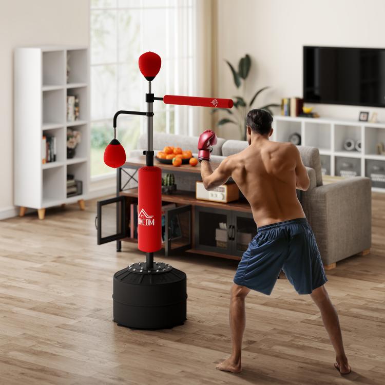 Height-Adjustable Freestanding Punching Bag with 360° Rotating Bar, 2 Balls, and Fillable Base (88x50x160-230 cm) – Red