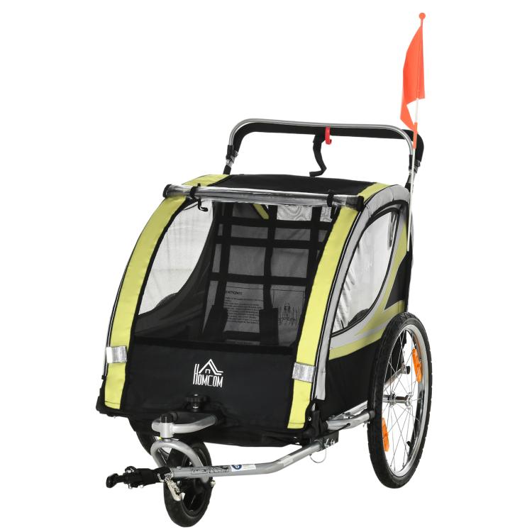 2-in-1 bicycle trailer for 2 children, push function, rain cover, brake, yellow