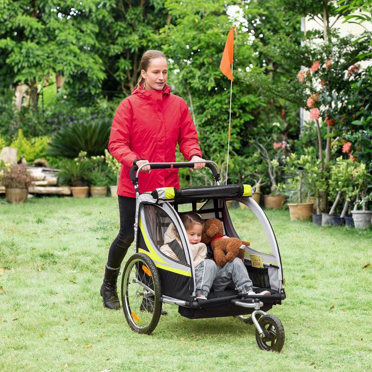 2-in-1 bicycle trailer for 2 children, push function, rain cover, brake, yellow