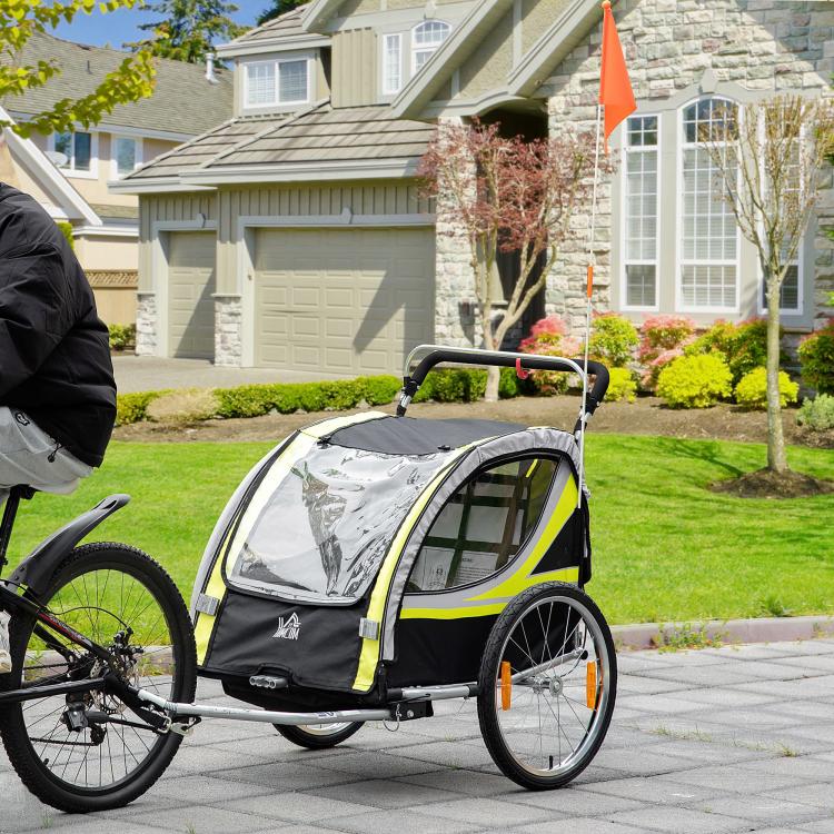 2-in-1 bicycle trailer for 2 children, push function, rain cover, brake, yellow