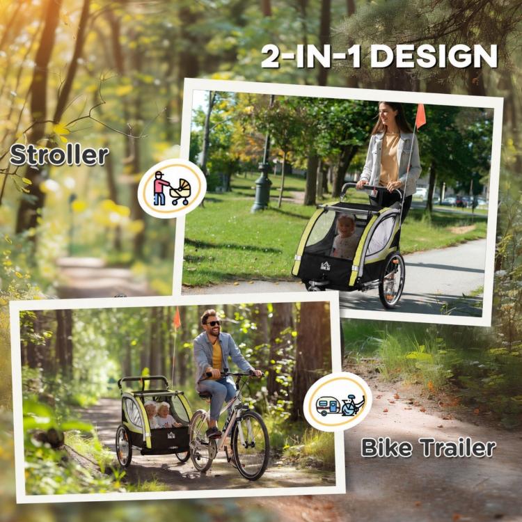 2-in-1 bicycle trailer for 2 children, push function, rain cover, brake, yellow