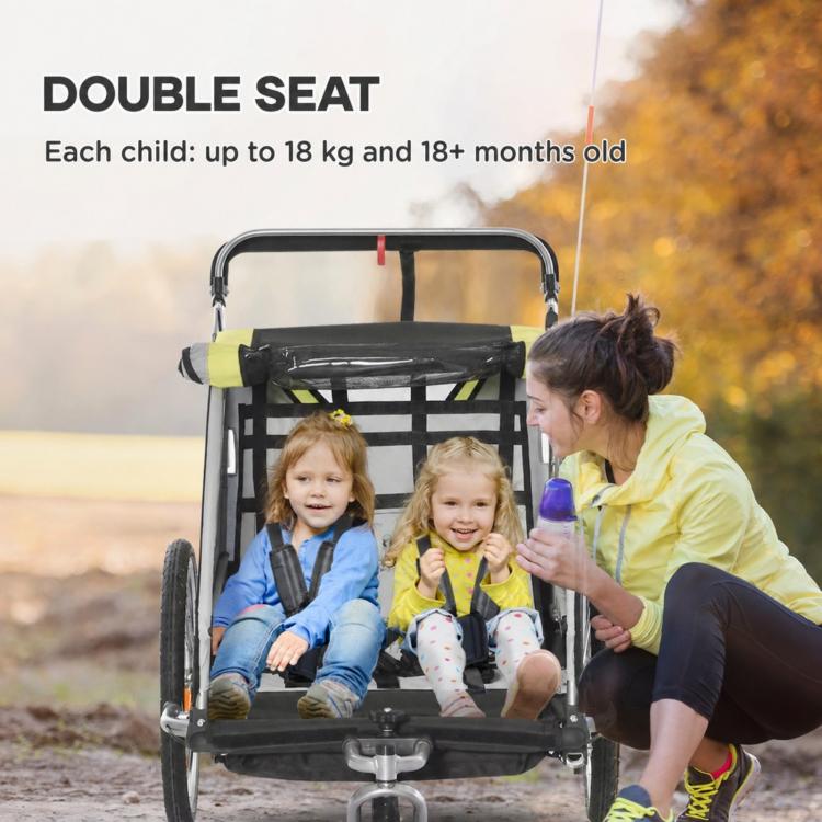 2-in-1 bicycle trailer for 2 children, push function, rain cover, brake, yellow