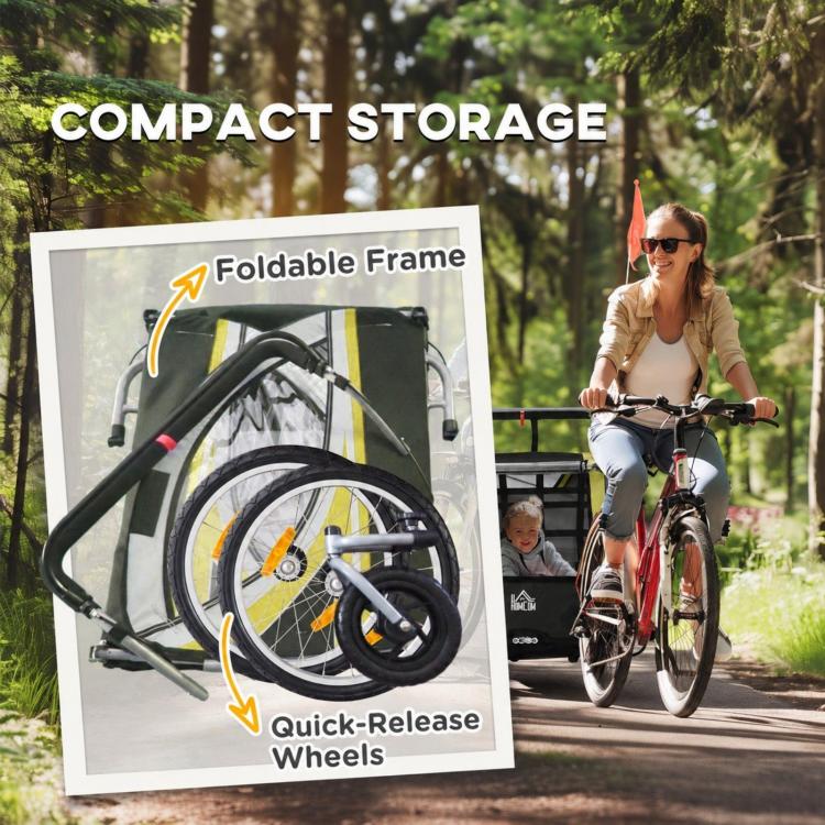2-in-1 bicycle trailer for 2 children, push function, rain cover, brake, yellow