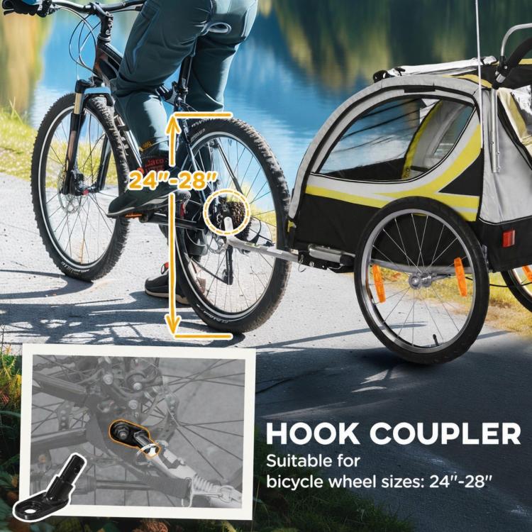 2-in-1 bicycle trailer for 2 children, push function, rain cover, brake, yellow
