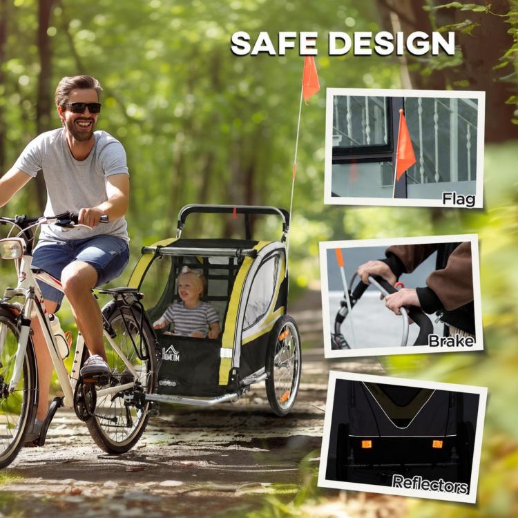 2-in-1 bicycle trailer for 2 children, push function, rain cover, brake, yellow