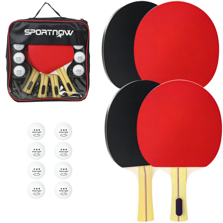 Set of 4 table tennis rackets, 8 balls, and 1 bag – for beginners and experts alike.