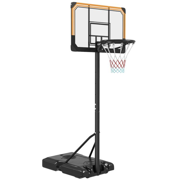 Height-adjustable freestanding basketball hoop (213–243 cm) with weighted base, wheels, and sturdy black backboard.