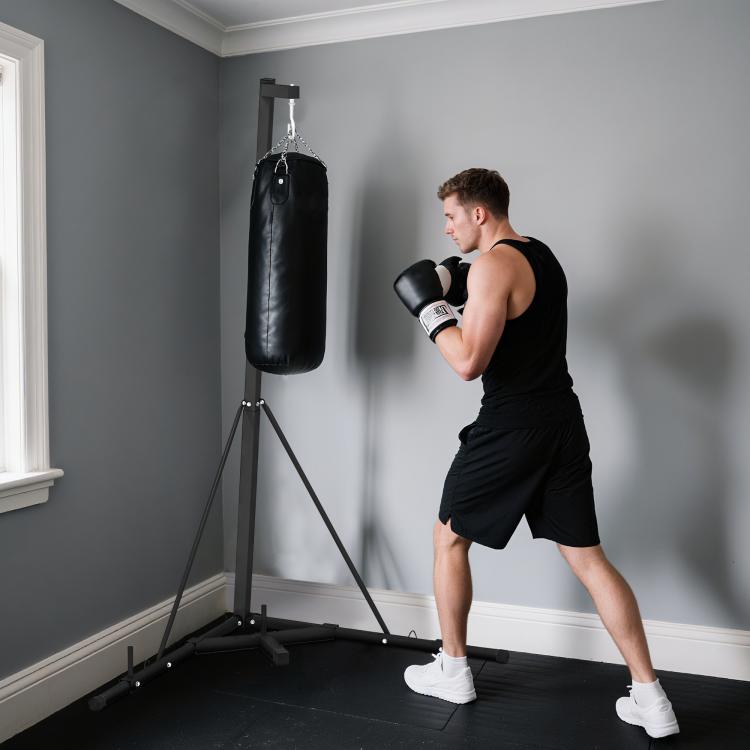 Height-adjustable, foldable, freestanding punching bag stand with weighted base, max load 60 kg, black steel