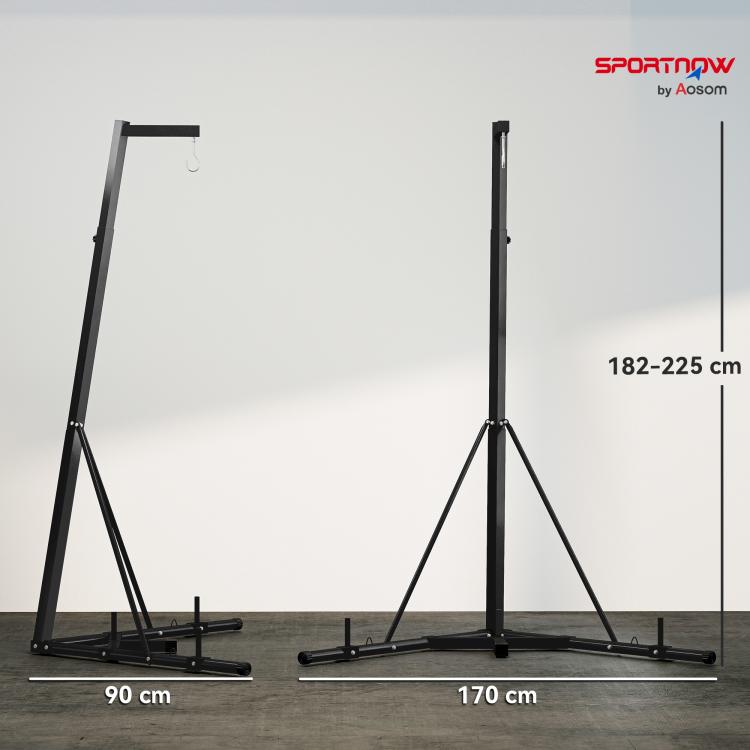 Height-adjustable, foldable, freestanding punching bag stand with weighted base, max load 60 kg, black steel