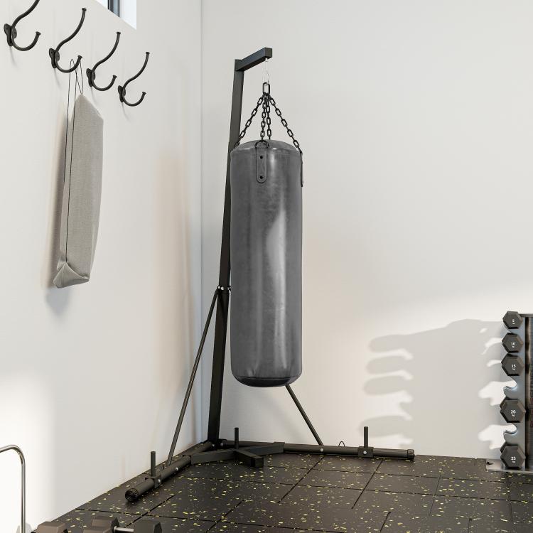Height-adjustable, foldable, freestanding punching bag stand with weighted base, max load 60 kg, black steel