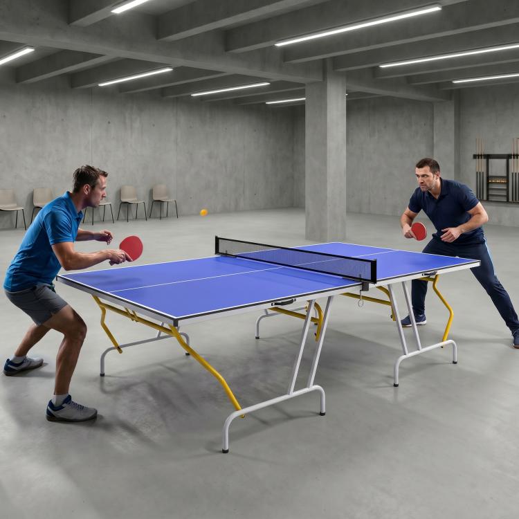 Foldable table tennis table, incl. 2 paddles, 3 balls, net, indoor, metal frame, 274x152x76cm, blue