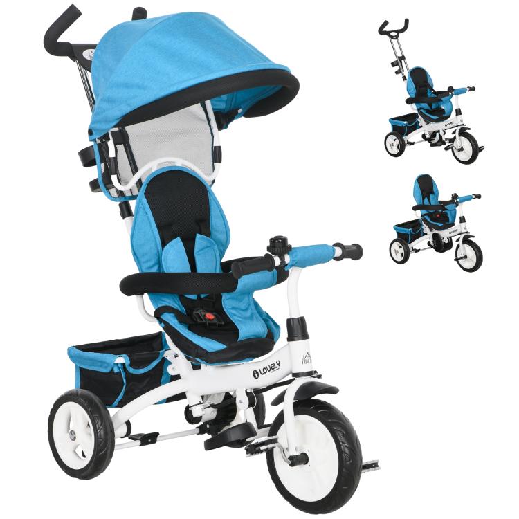 Kids Tricycle with 6-in-1 Handle, Adjustable Canopy and Safety Belt, Ages 1-5 Years, Blue