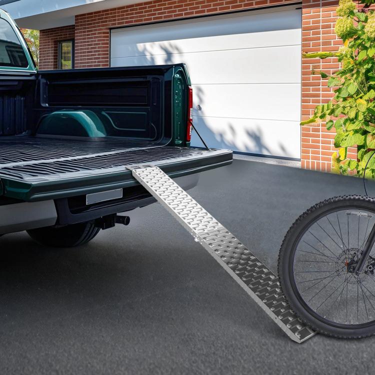 Foldable, Non-Slip Motorcycle Loading Ramp with Safety Strap, Steel, Silver
